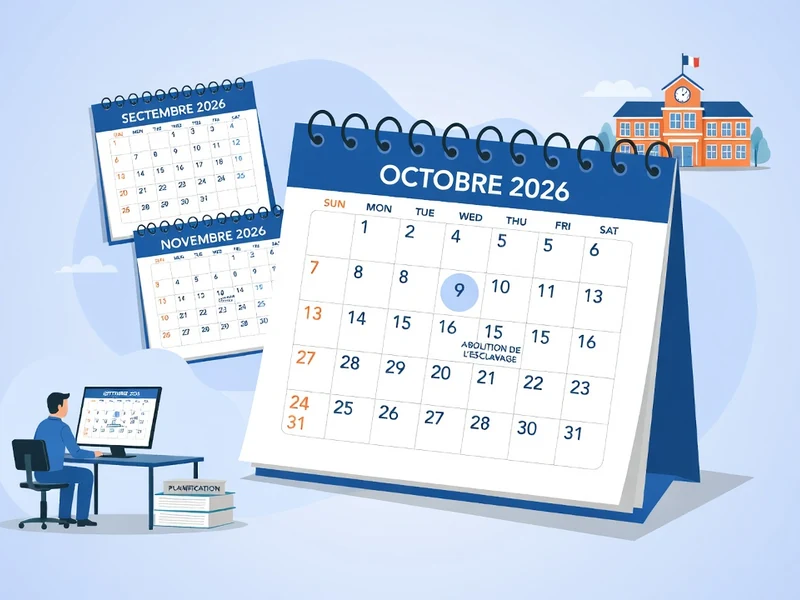 Une personne travaille à son ordinateur près d'un calendrier mettant en valeur les jours fériés octobre 2026