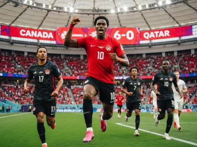Des joueurs canadiens célèbrent un but lors du match lié au classement Équipe du Canada de football – Équipe du Qatar de football