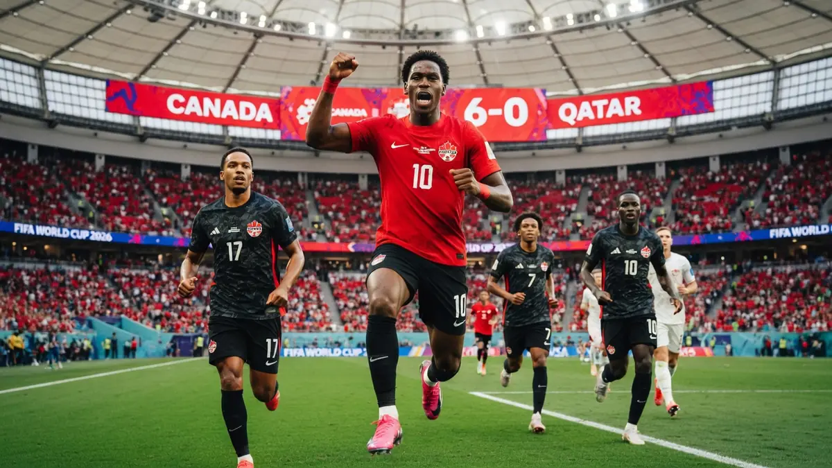 Des joueurs canadiens célèbrent un but lors du match lié au classement Équipe du Canada de football – Équipe du Qatar de football