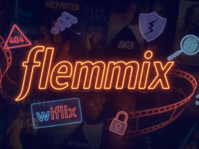 Fond sombre avec bobines de film et icônes autour de flemmix Ws