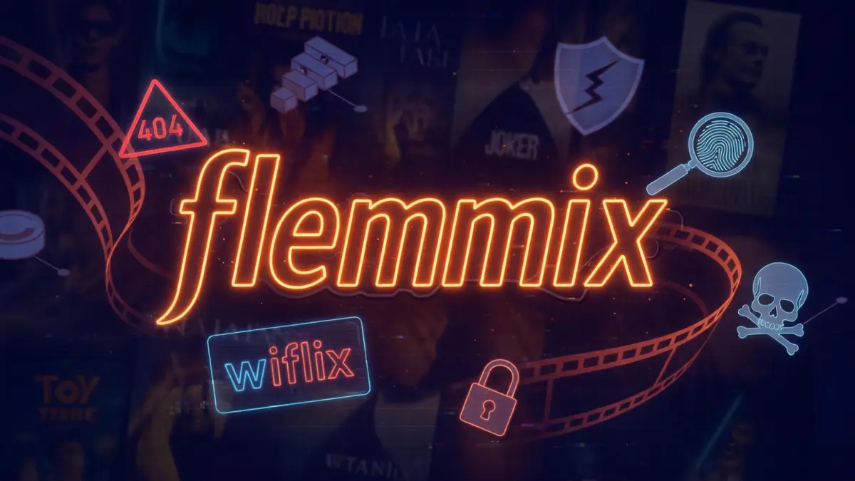 Fond sombre avec bobines de film et icônes autour de flemmix Ws