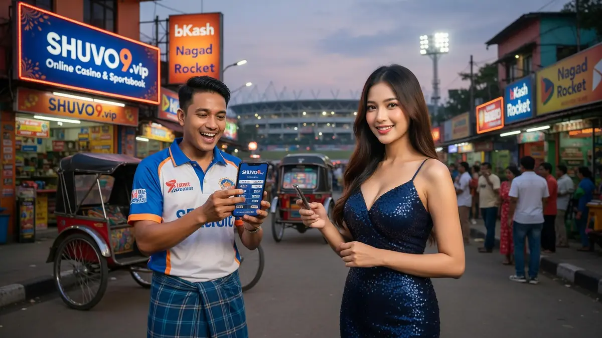Un couple souriant tenant des smartphones illustre le casino Shuvo9.vip dans une rue animée du Bangladesh