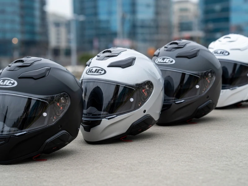 Plusieurs modèles de casque Hjc jet alignés sur le sol avec un arrière-plan urbain flou