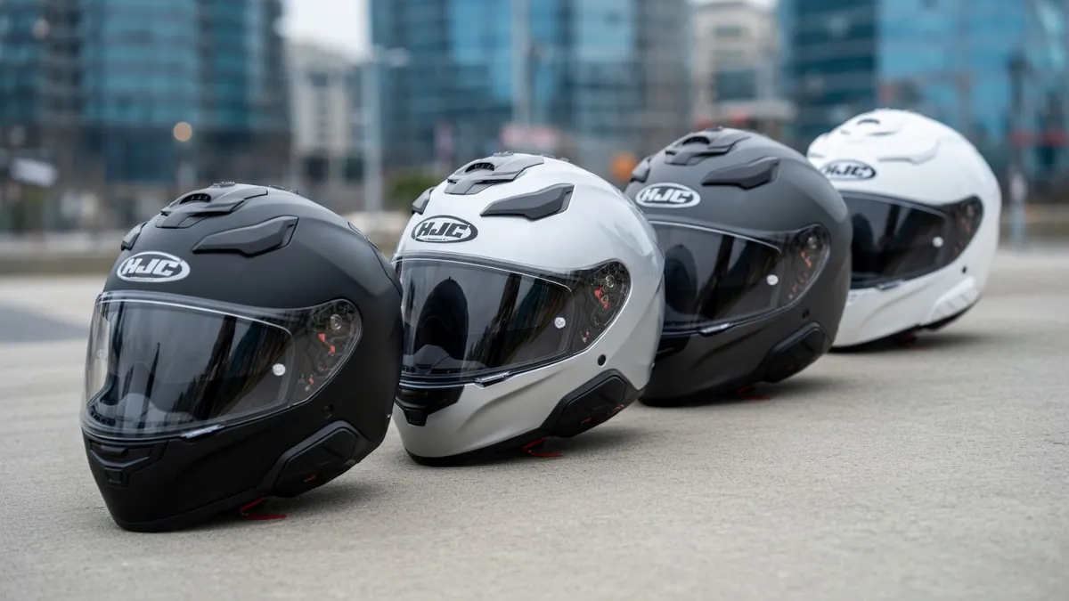 Plusieurs modèles de casque Hjc jet alignés sur le sol avec un arrière-plan urbain flou