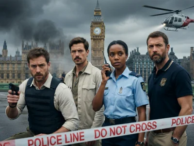 Quatre personnes en tenue d'intervention enquêtent sur une scène de crime à Londres dans le film The Criminals