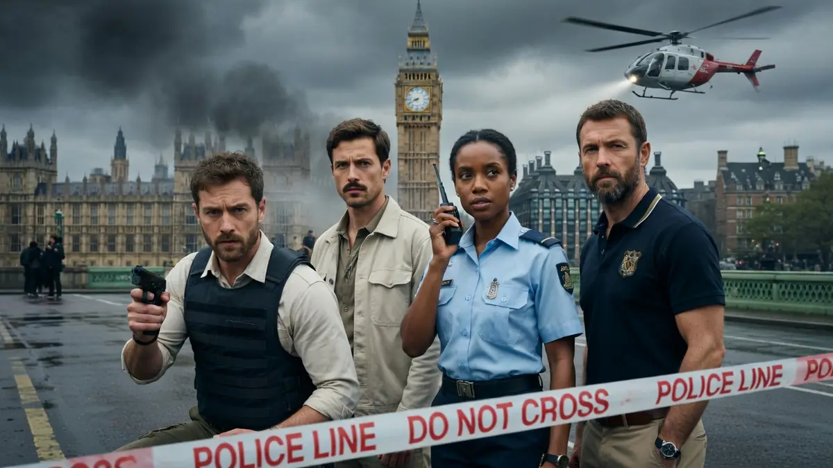 Quatre personnes en tenue d'intervention enquêtent sur une scène de crime à Londres dans le film The Criminals