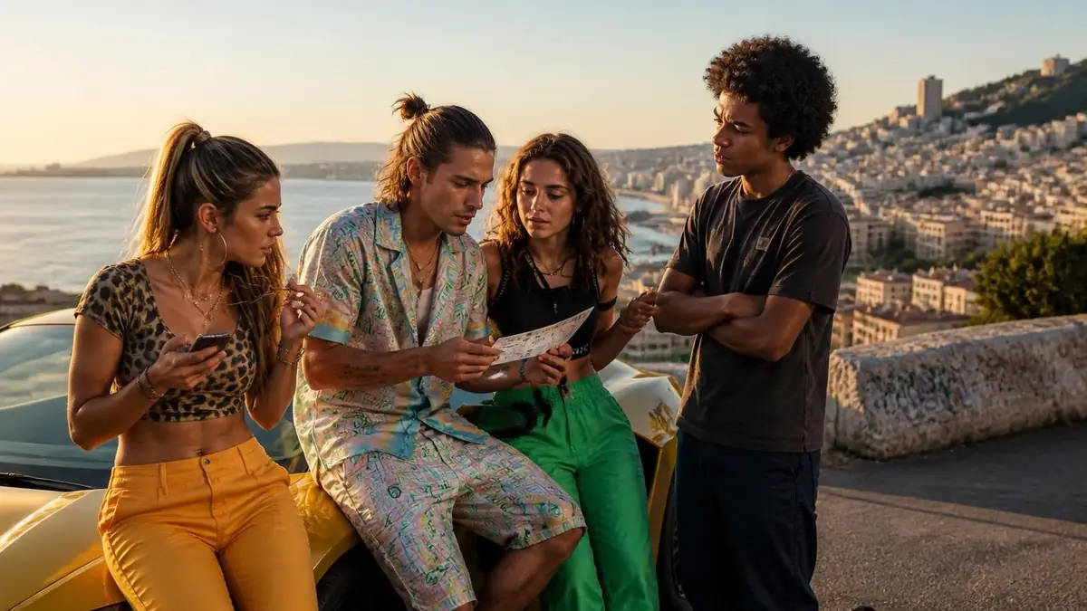 Quatre jeunes amis contemplent une carte près d une voiture de luxe dans la série Young Millionaires