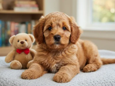 Un chiot Cavapoo au pelage roux posé sur une couverture à côté d'un ours en peluche