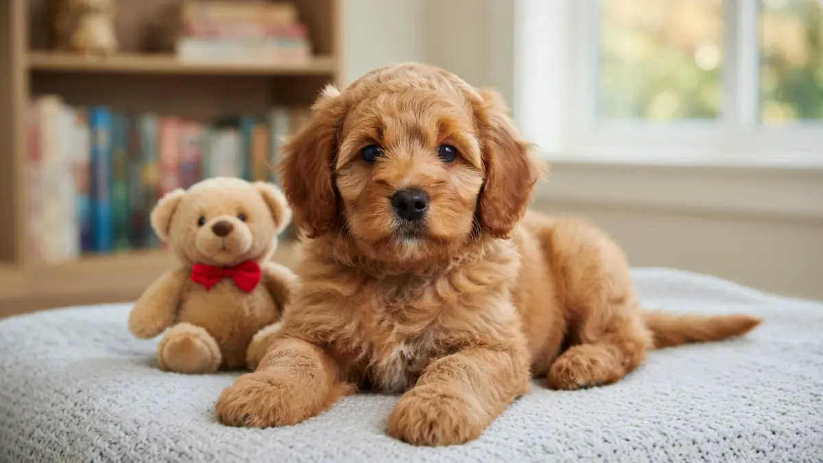 Un chiot Cavapoo au pelage roux posé sur une couverture à côté d'un ours en peluche