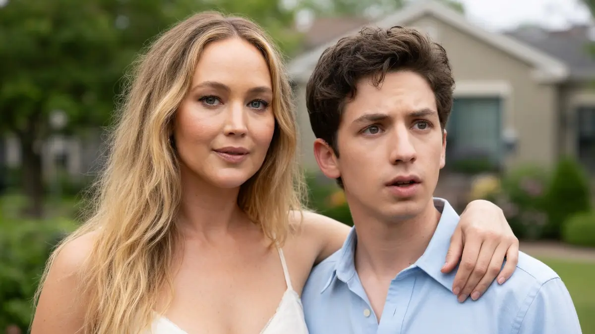Jennifer Lawrence pose aux côtés du jeune acteur dans une scène du film le challenge