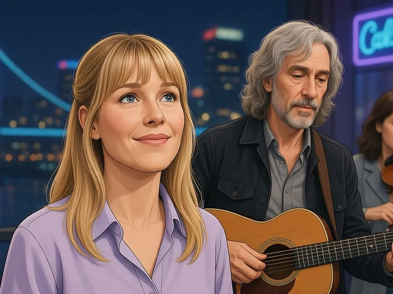 Julie Delafosse sourit devant un guitariste et une violoniste dans une ville de nuit
