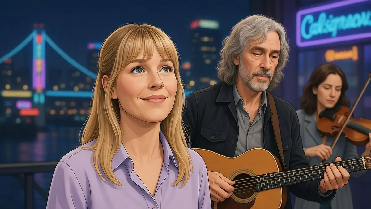 Julie Delafosse sourit devant un guitariste et une violoniste dans une ville de nuit