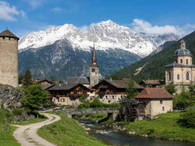 Le village de bozel France s'étend au pied des montagnes enneigées avec une rivière au premier plan