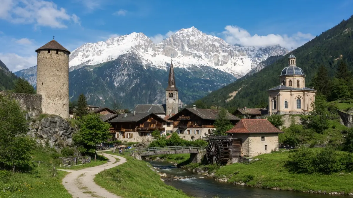 Le village de bozel France s'étend au pied des montagnes enneigées avec une rivière au premier plan