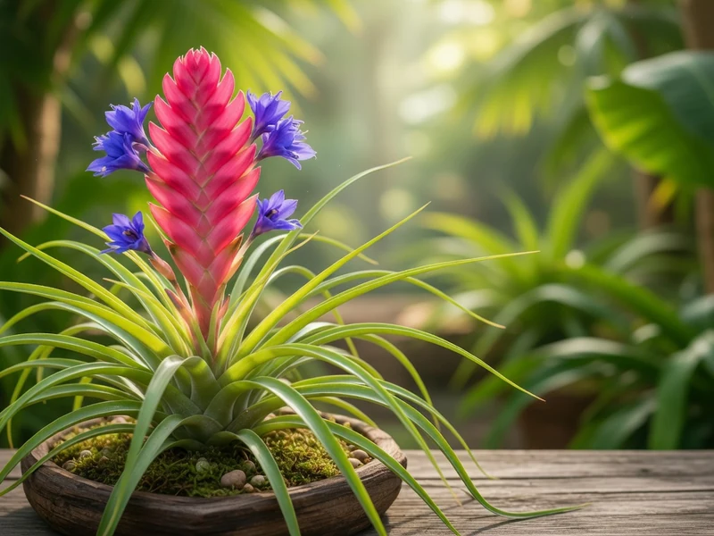 Un magnifique tillandsia Cyanea rose et bleu s'épanouit dans un pot sur une table en bois devant une jungle luxuriante.