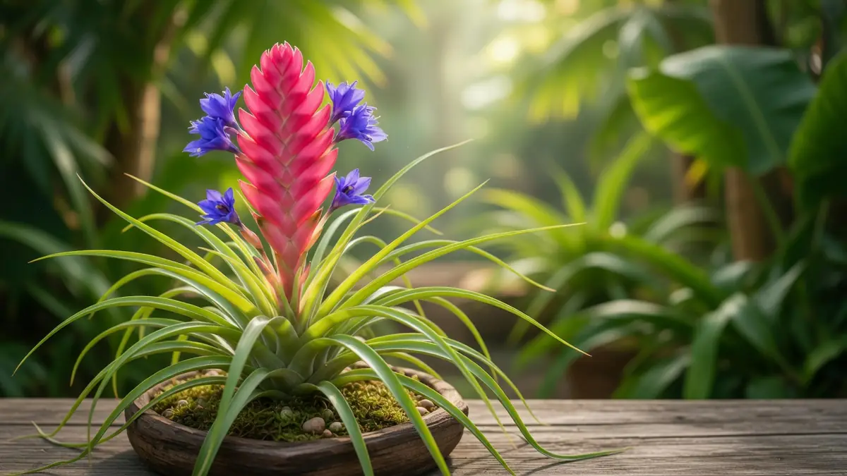 Un magnifique tillandsia Cyanea rose et bleu s'épanouit dans un pot sur une table en bois devant une jungle luxuriante.