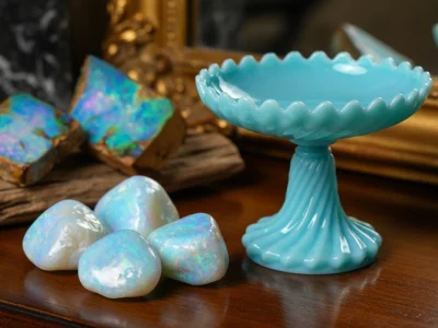 Une coupe décorative en verre bleu turquoise posée à côté de pierres précieuses à l'éclat opaline sur une table en bois