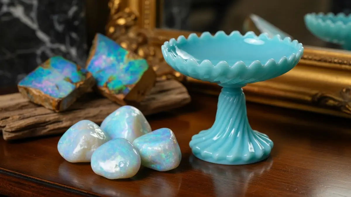 Une coupe décorative en verre bleu turquoise posée à côté de pierres précieuses à l'éclat opaline sur une table en bois