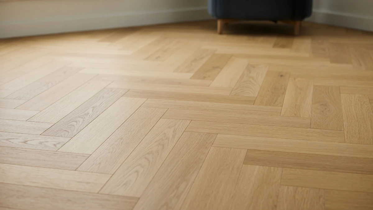 Pose élégante d'un parquet bâton rompu en bois clair dans une pièce lumineuse