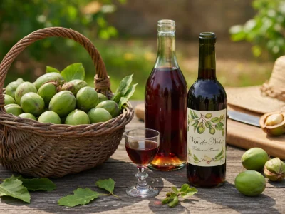 Un panier de noix vertes côtoie des bouteilles de vin de noix et un verre sur une table en bois