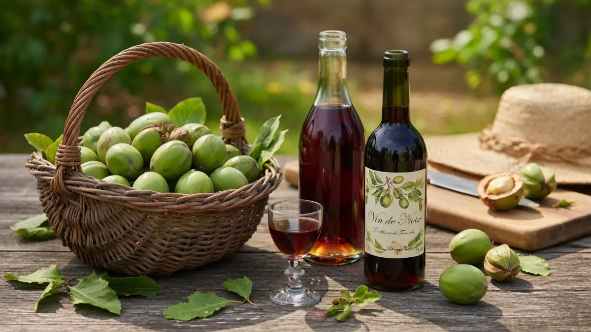 Un panier de noix vertes côtoie des bouteilles de vin de noix et un verre sur une table en bois