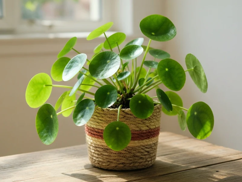 Un Pilea peperomioides aux feuilles rondes dans un panier tressé sur une table en bois