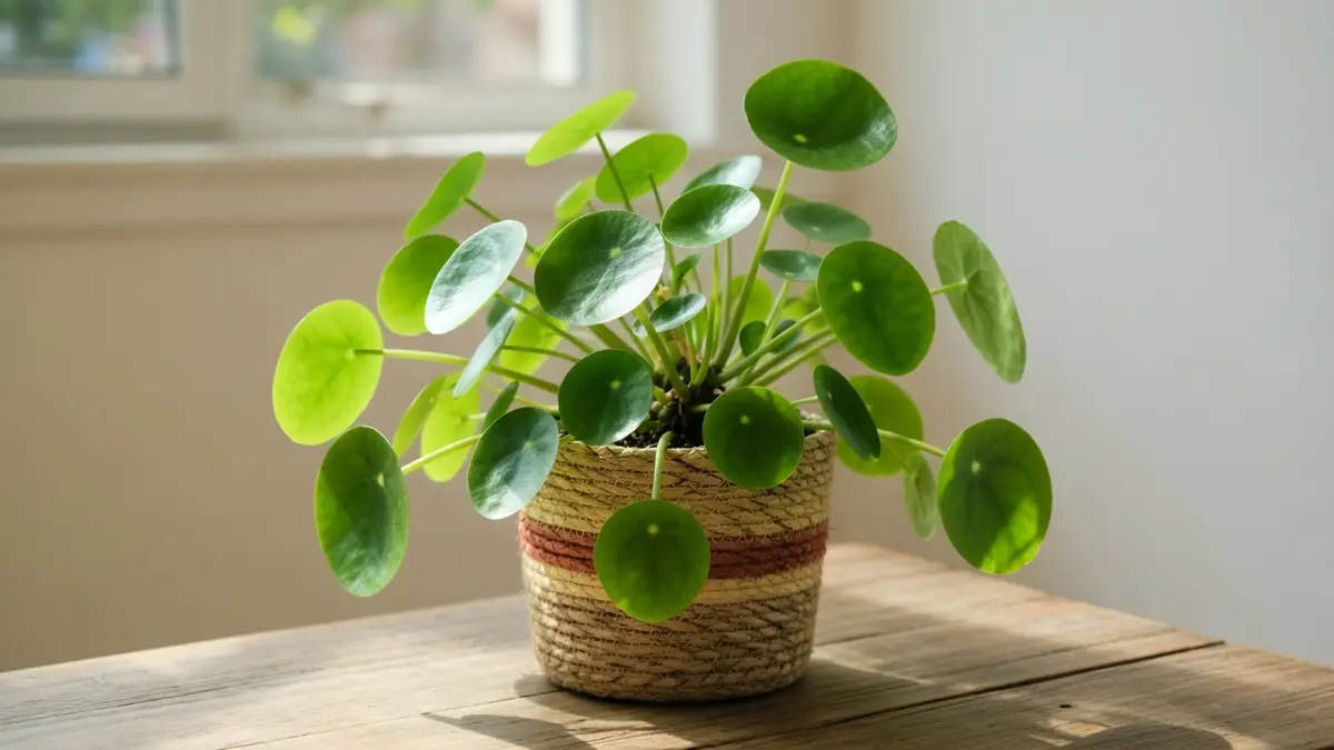 Un Pilea peperomioides aux feuilles rondes dans un panier tressé sur une table en bois