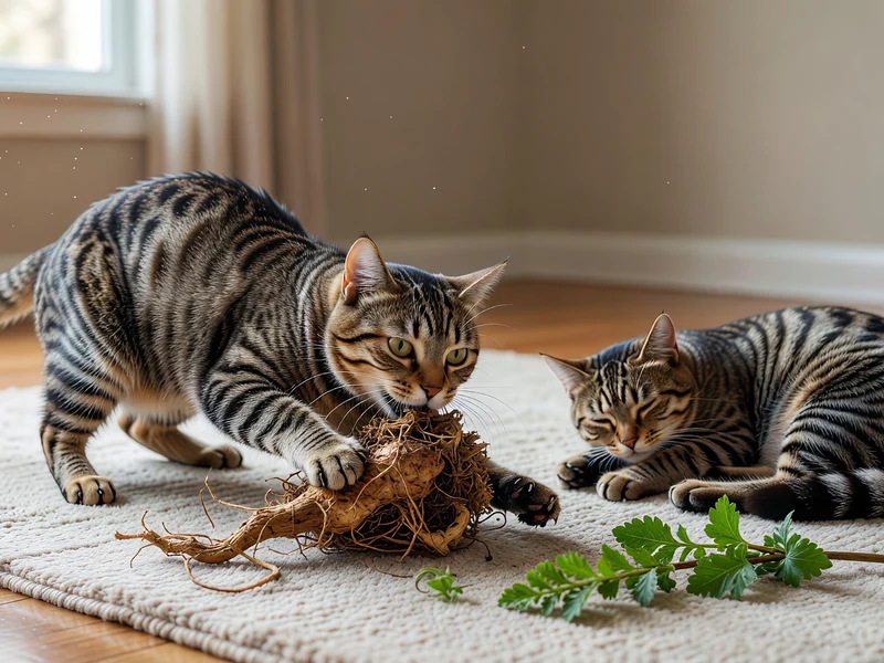Un chat et Valériane près d'une racine sur un tapis avec un autre chat allongé