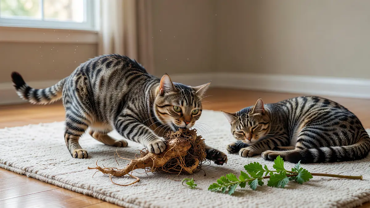Un chat et Valériane près d'une racine sur un tapis avec un autre chat allongé