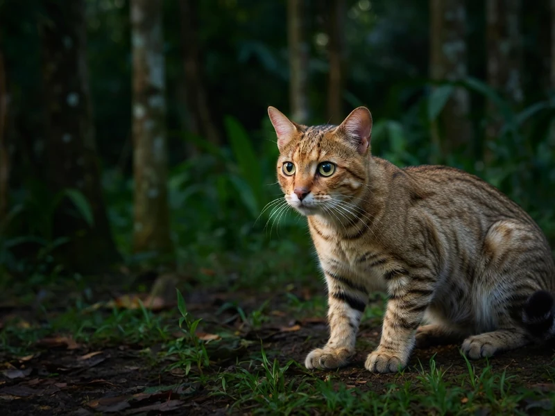 Un chat rubigineux est assis dans la forêt tropicale en observant les alentours