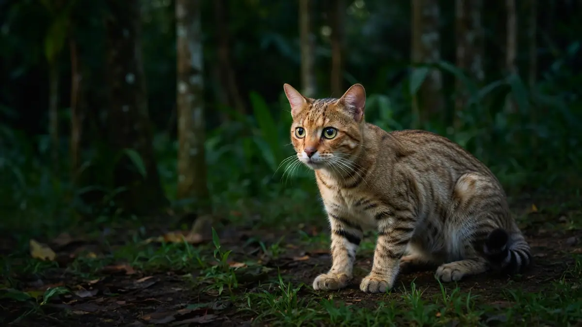 Un chat rubigineux est assis dans la forêt tropicale en observant les alentours