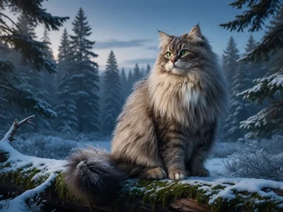 Un chat Sibérien confortablement installé sur un tronc couvert de mousse et de neige