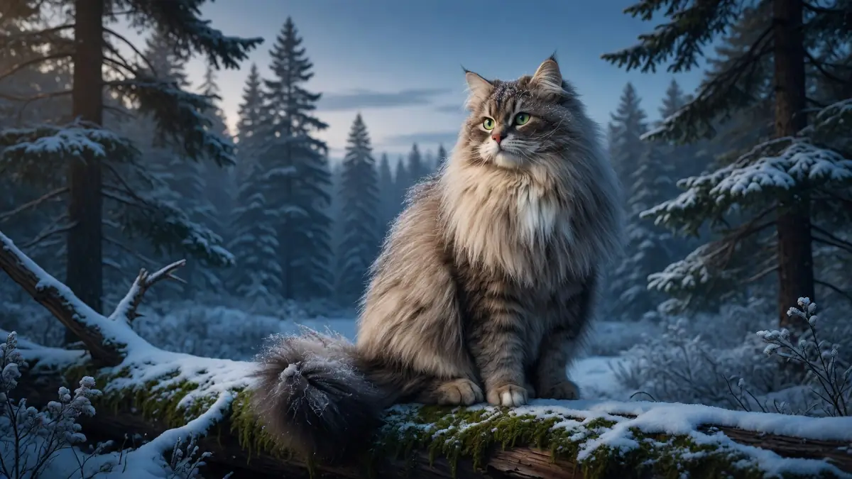 Un chat Sibérien confortablement installé sur un tronc couvert de mousse et de neige