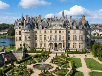 Une vue d'ensemble montre le Château du Lude entouré de ses jardins et d'une fontaine
