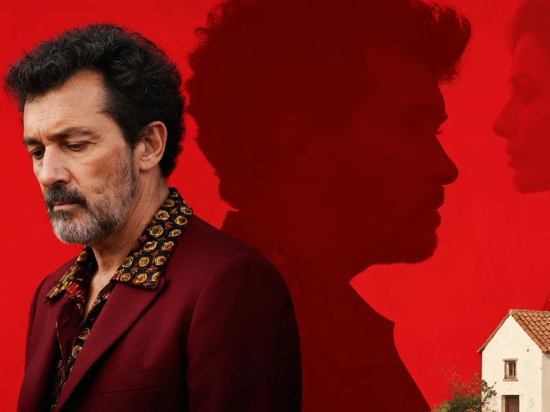 Portrait pensif d'un homme face à une maison sur fond rouge évoquant le film douleur et Gloire