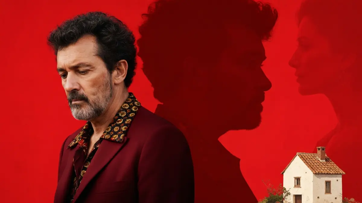 Portrait pensif d'un homme face à une maison sur fond rouge évoquant le film douleur et Gloire