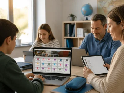 Une famille utilise un ordinateur et des tablettes pour se connecter sur la plateforme chercan ent