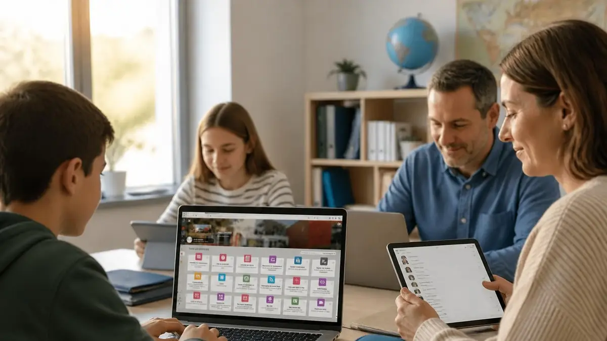 Une famille utilise un ordinateur et des tablettes pour se connecter sur la plateforme chercan ent