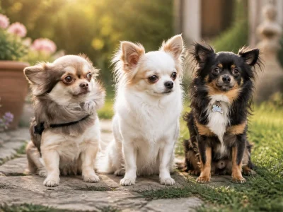 Trois chiens de race chihuahua poil long assis côte à côte dans un jardin ensoleillé
