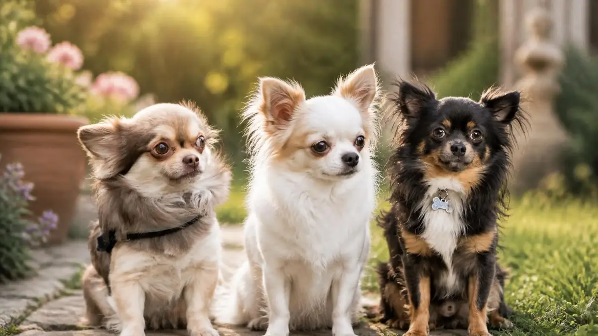 Trois chiens de race chihuahua poil long assis côte à côte dans un jardin ensoleillé