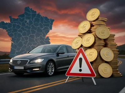 Une voiture et une pile de pièces sur une route avec une carte de France illustrant le calcul pour carte grise .