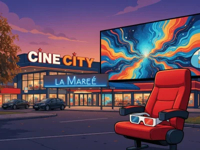 Le cinecity Troyes met en scène un écran géant aux tourbillons colorés avec un fauteuil rouge et des lunettes 3D au premier plan