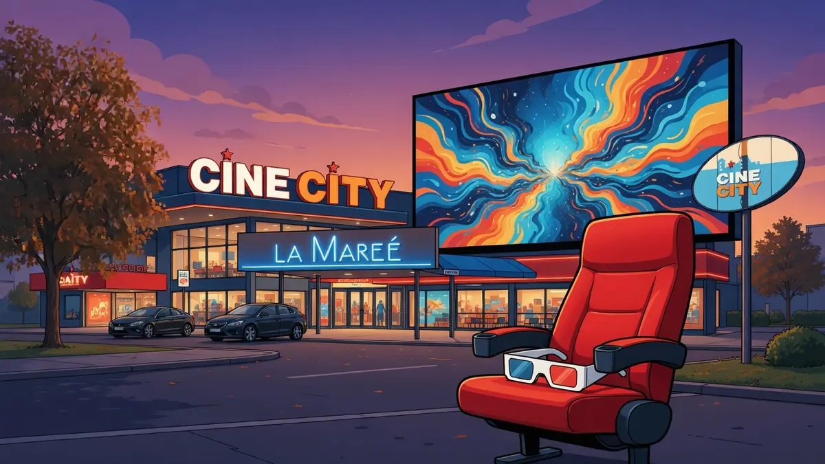 Le cinecity Troyes met en scène un écran géant aux tourbillons colorés avec un fauteuil rouge et des lunettes 3D au premier plan