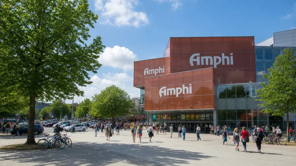Façade moderne et animée du cinéma amphi Bourg-en-Bresse par une belle journée ensoleillée