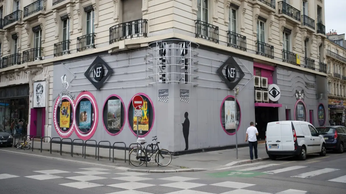 Façade d'angle grise avec des affiches de films sur le bâtiment du cinéma La Nef situé en ville