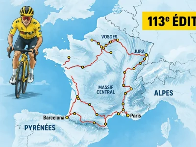 Un cycliste en action sur fond de carte du circuit du Tour de France 2026 à travers la France