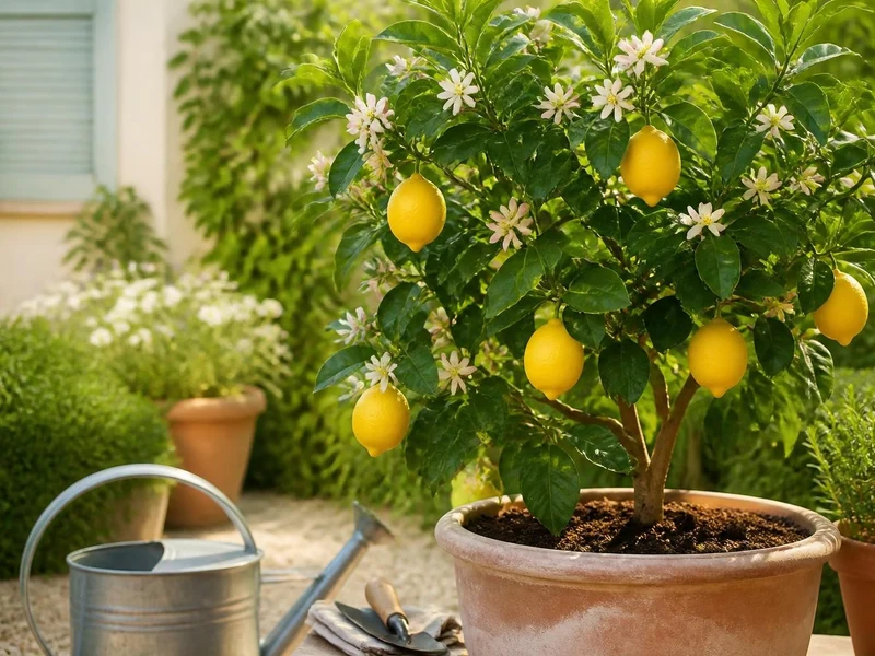 Un citron 4 saison en pot avec des fruits mûrs et des fleurs blanches dans un jardin ensoleillé