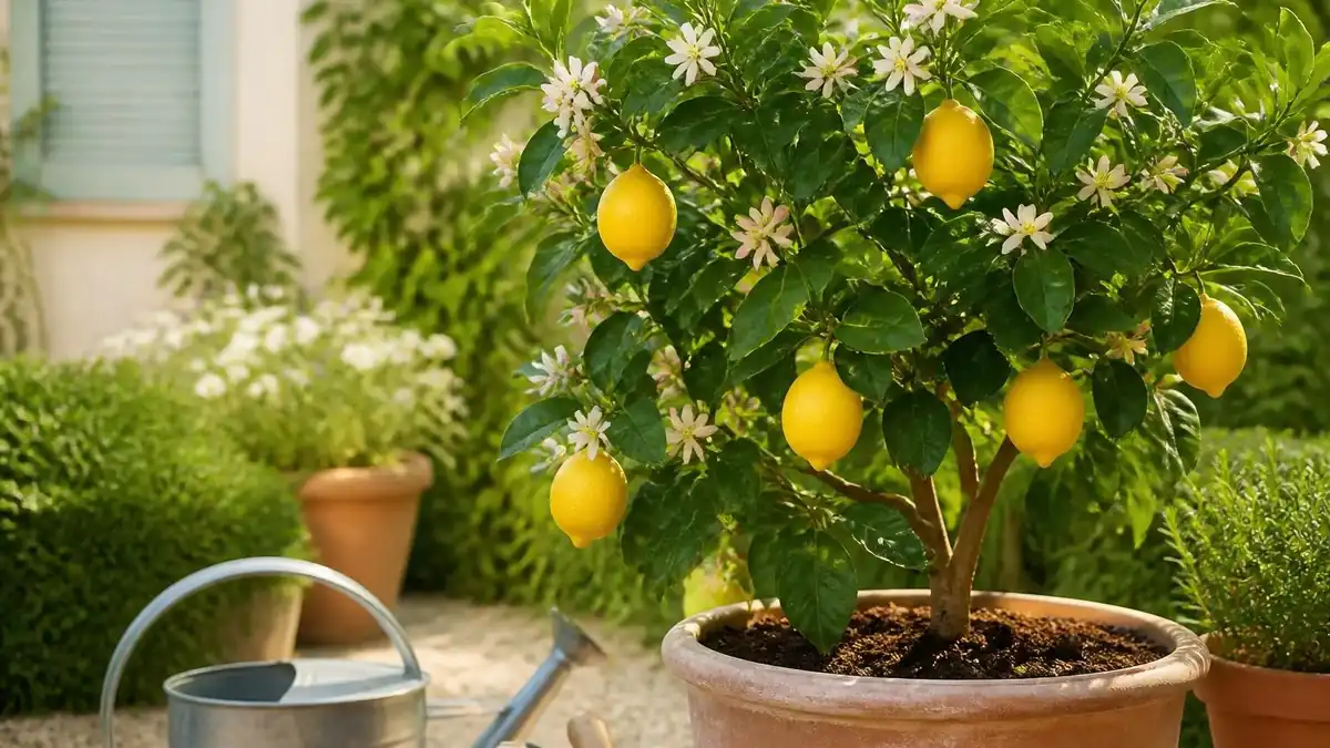 Un citron 4 saison en pot avec des fruits mûrs et des fleurs blanches dans un jardin ensoleillé