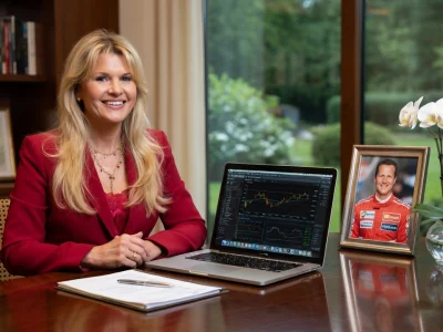 Corinna Schumacher sourit assise à un bureau devant un ordinateur portable