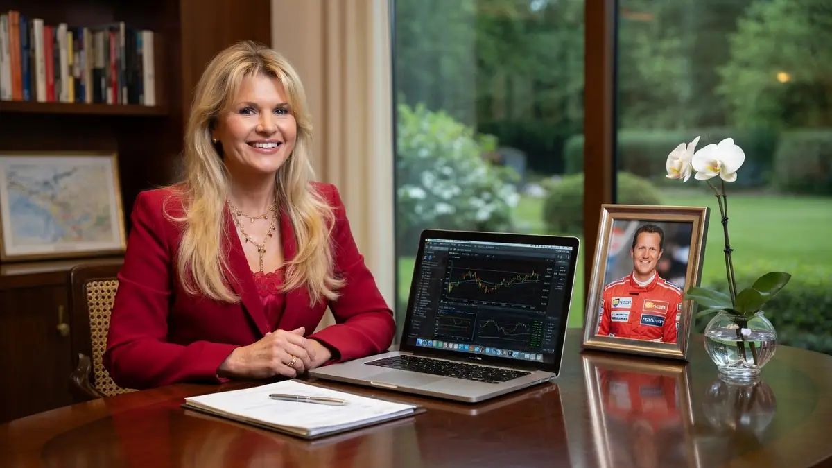 Corinna Schumacher sourit assise à un bureau devant un ordinateur portable